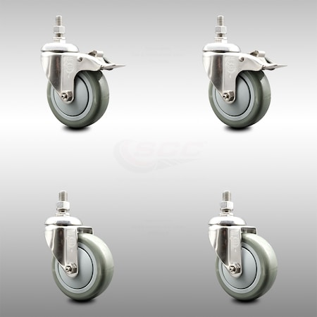 Service Caster 4 Inch 316SS Gray Polyurethane 10mm Threaded Stem Caster Lock Brake, 2PK SCC-SS316TSTTL20S414-PPUB-M1015-2-S2